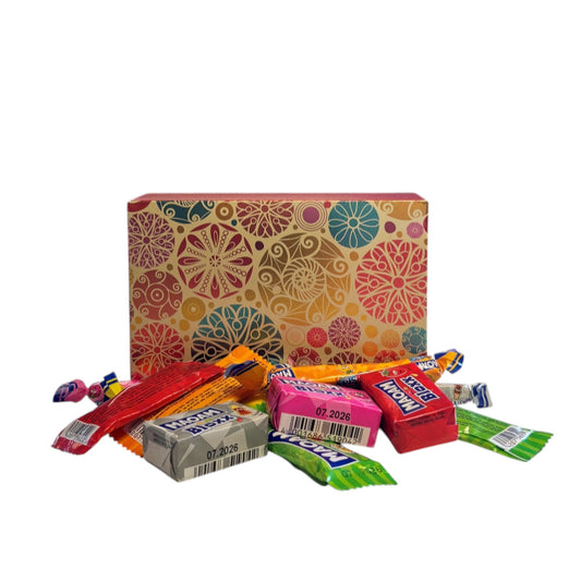 250g Rectangular Patterned Box of Maoam Joystix, Bloxs, Strips Fruit Chews Sweets