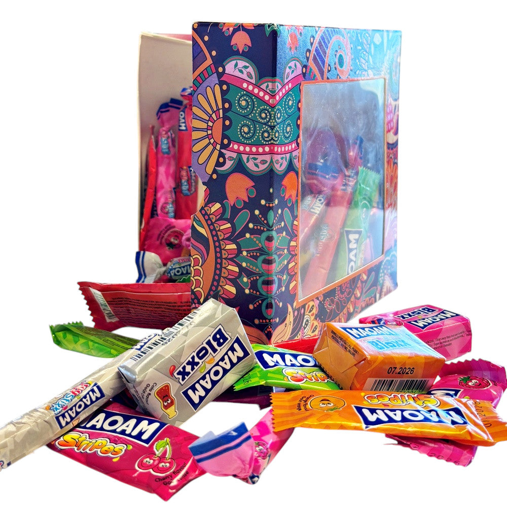 300g Square Window Paisley Pattern Box of Maoam Joystix, Bloxs, Strips Fruit Chews Sweets