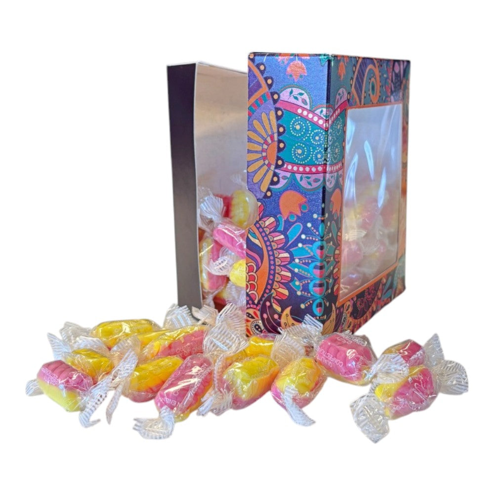 300g Square Window Paisley Pattern Box of Rhubarb & Custard Twists