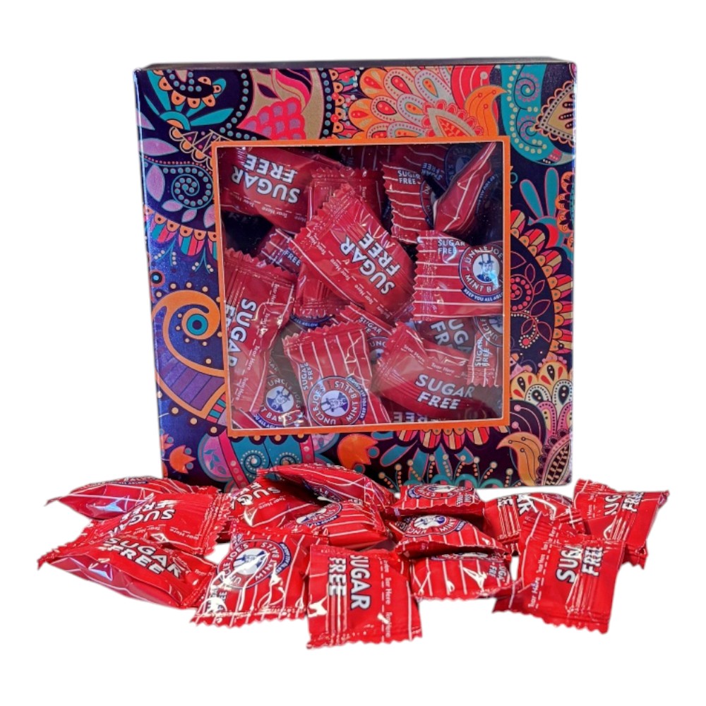 300g Square Window Paisley Pattern Box of Uncle Joes Sugar Free Mints