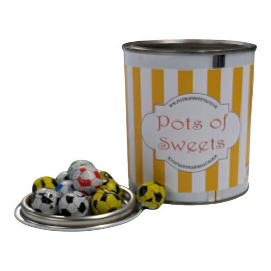 250g Paint Pot Tin of Individually Wrapped Chocolate Flavoured Footballs