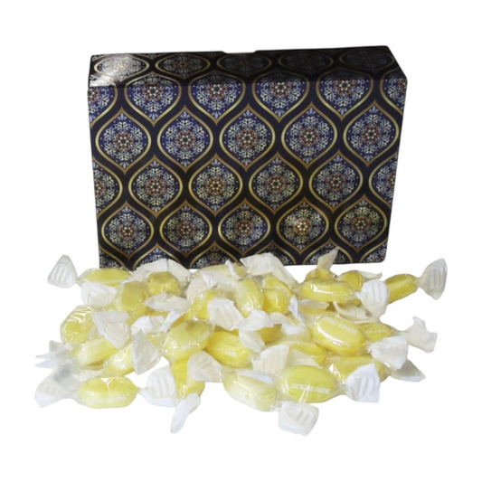 Pots of Sweets sugar free sherbet lemon hard-boiled sweets in a decorative paisley patterned rectangular gift box