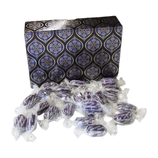 Pots of Sweets sugar-free blackcurrant and liquorice hard-boiled sweets in a decorative blue and gold rectangular box