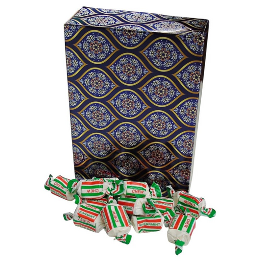 Pots of Sweets 350g rectangular box with decorative blue patterned design and individually wrapped spearmint chews.