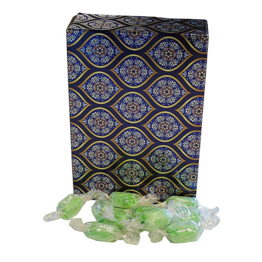 Pots of Sweets sugar-free chocolate lime sweets in a rectangular box with a blue and gold paisley pattern