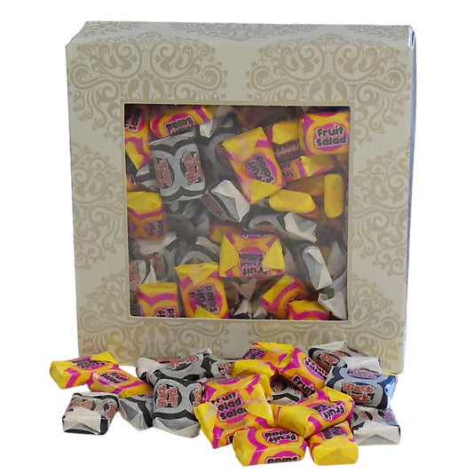 300g Square Window Ivory White Pattern Box of Black Jacks and Fruit Salads