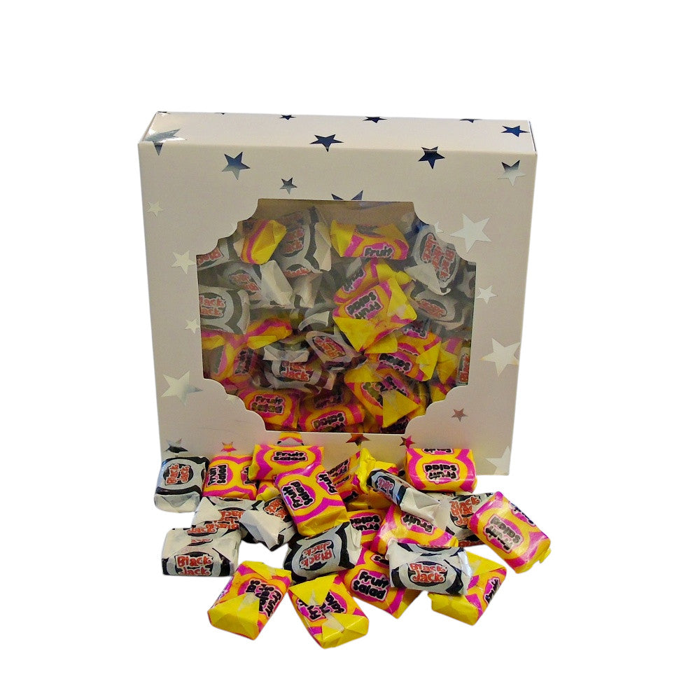300g Square Window Star Pattern Box of Black Jacks and Fruit Salads