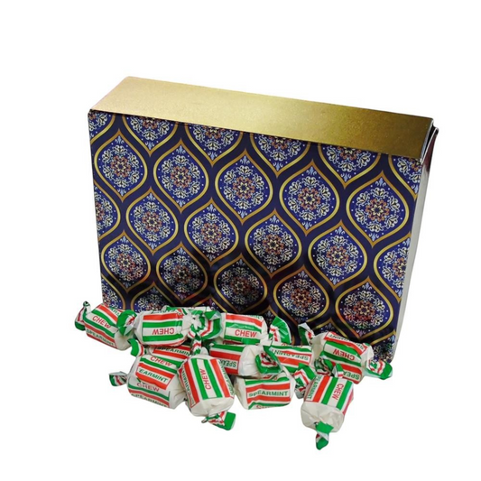 Pots of Sweets 350g rectangular box of individually wrapped spearmint chews with a decorative blue and gold pattern.