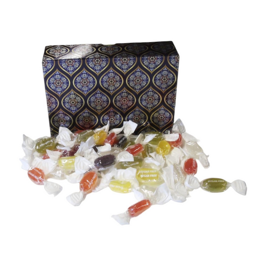 Pots of Sweets sugar-free fruit drops in a decorative paisley rectangular box with individually wrapped candies.