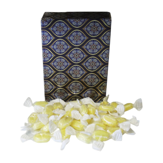 Pots of Sweets sugar-free sherbet lemon hard-boiled sweets in a decorative paisley patterned rectangular gift box