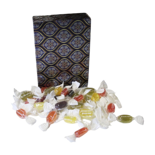 Pots of Sweets sugar-free fruit drops in a decorative paisley rectangular box with assorted colorful hard candies.