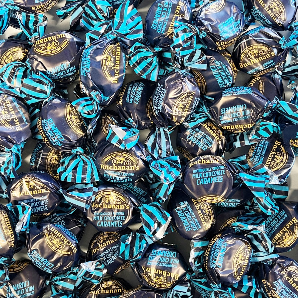 300g Square Window Ivory White Pattern Box of Buchanans Milk Chocolate Caramel Toffees