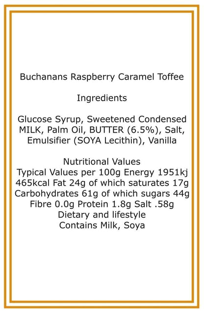 300g Square Coloured Box of Buchanan Raspberry Caramel Toffee