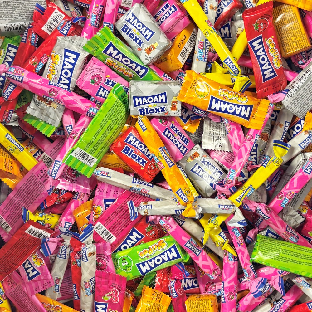 300g Square Window Pattern Box of Maoam Joystix, Bloxs, Strips Fruit Chews Sweets