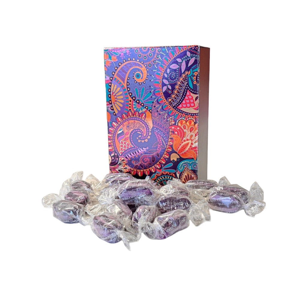 250g Rectangular Pattern Box of Sugar Free Blackcurrant and Liquorice