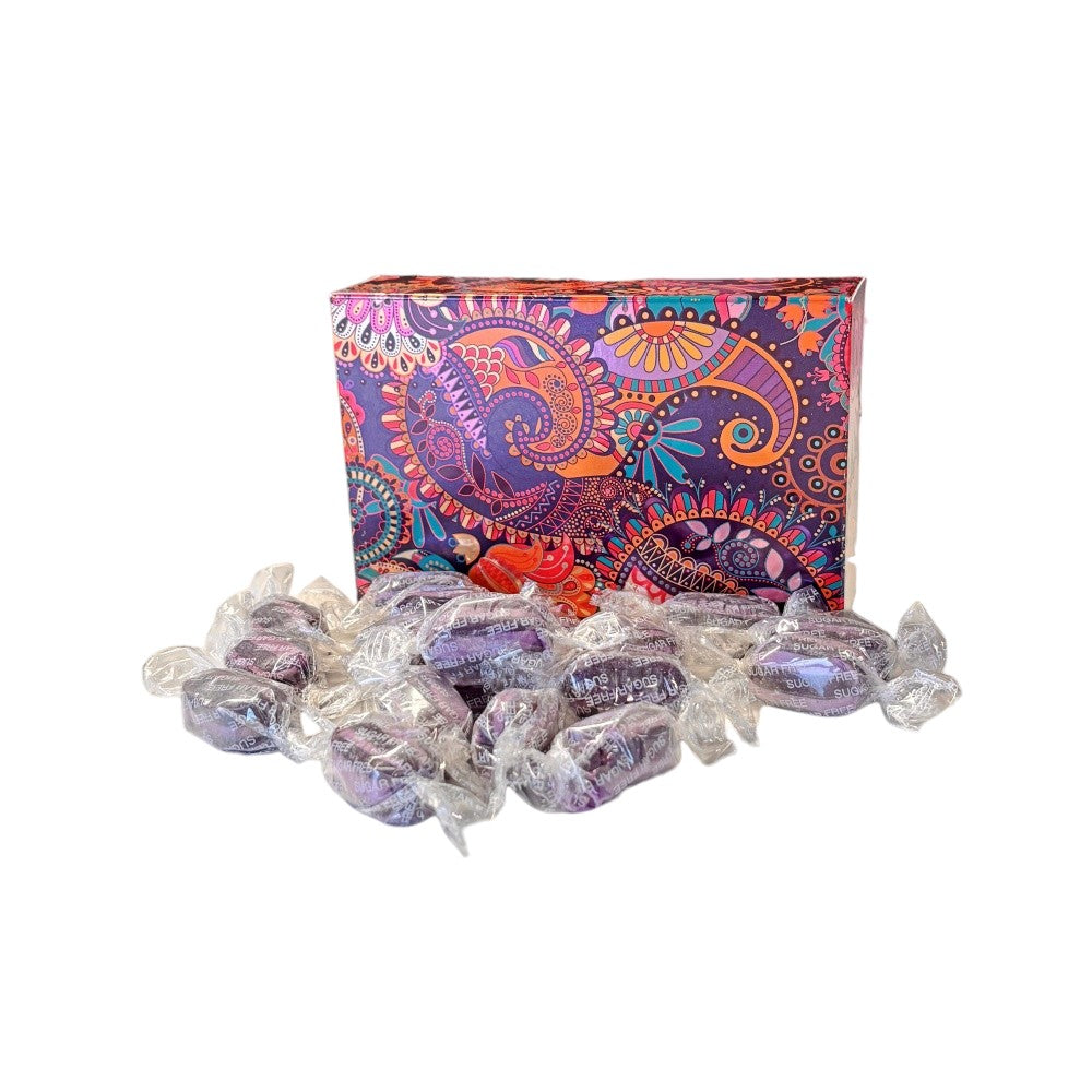 250g Rectangular Pattern Box of Sugar Free Blackcurrant and Liquorice