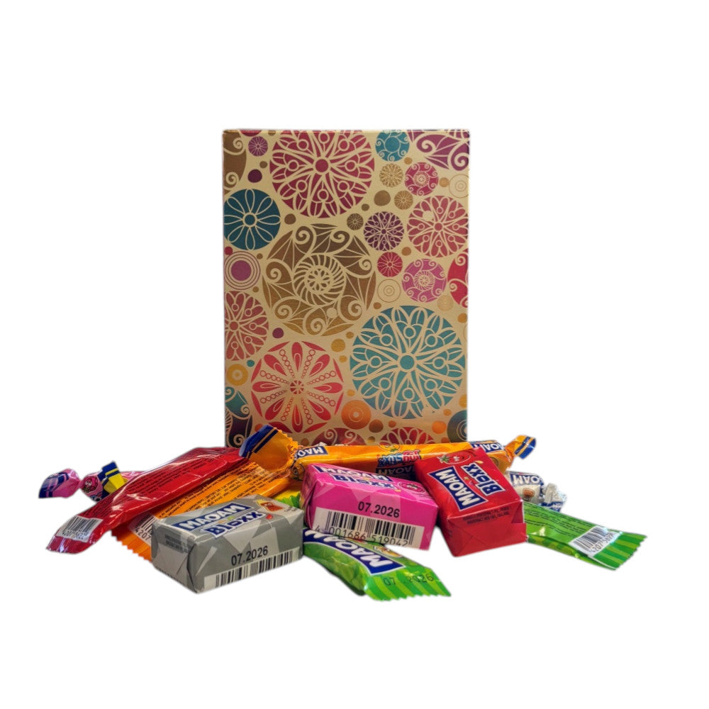 250g Rectangular Patterned Box  of Maoam Joystix, Bloxs, Strips Fruit Chews Sweets