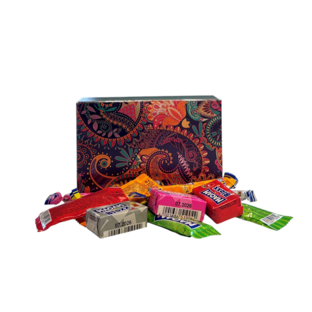 250g Rectangular Patterned Box  of Maoam Joystix, Bloxs, Strips Fruit Chews Sweets