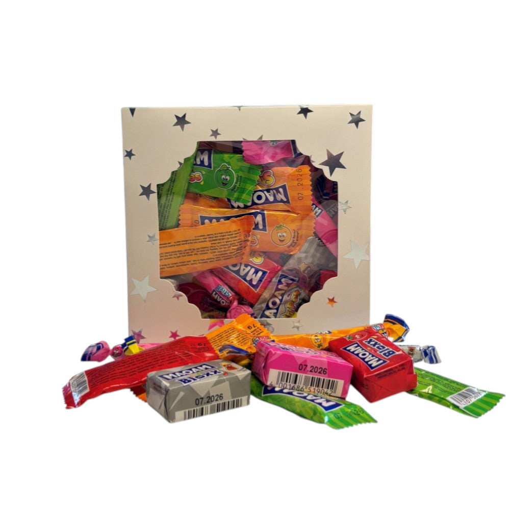 300g Square Star Patterned Box of Maoam Joystix, Bloxs, Strips Fruit Chews Sweets