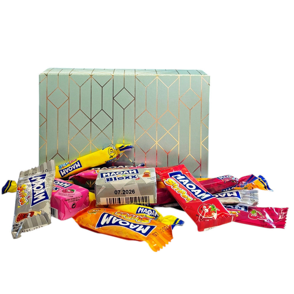 250g Rectangular Patterned Box  of Maoam Joystix, Bloxs, Strips Fruit Chews Sweets