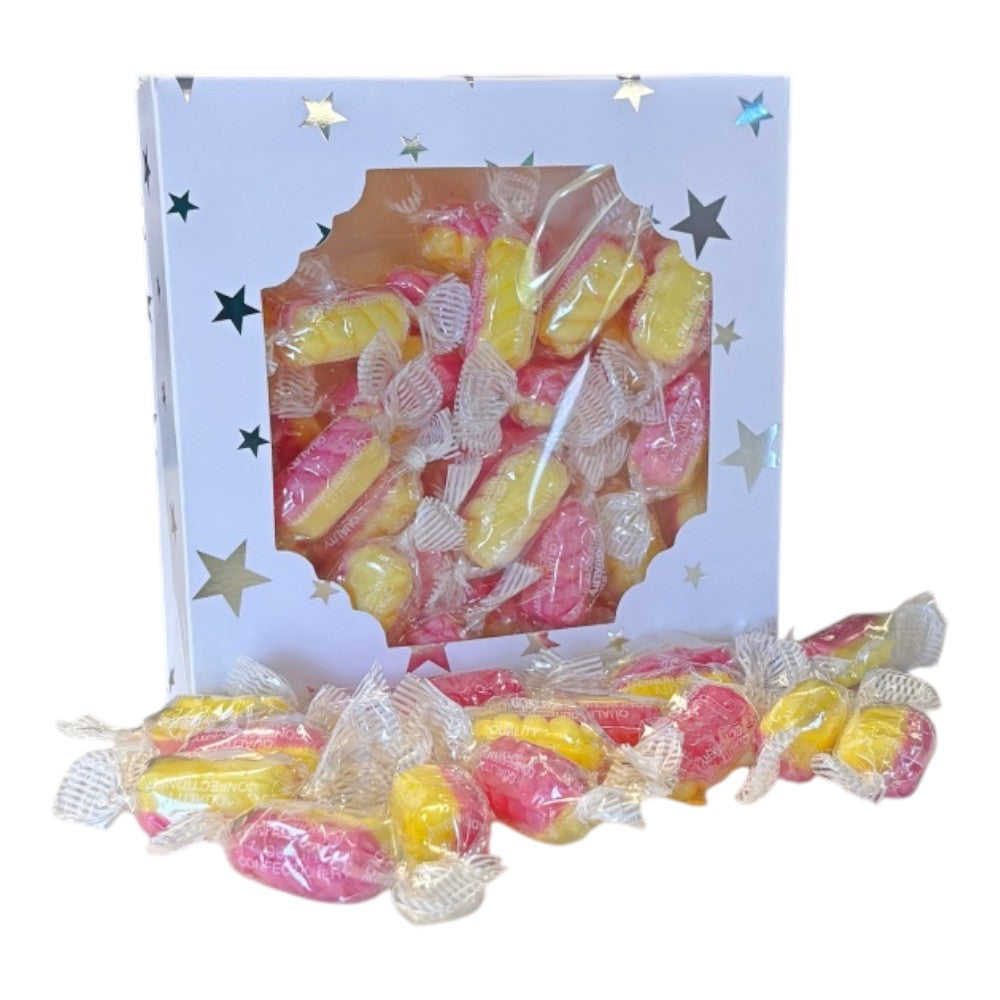 300g Square Star Patterned Box of Rhubarb & Custard Twists