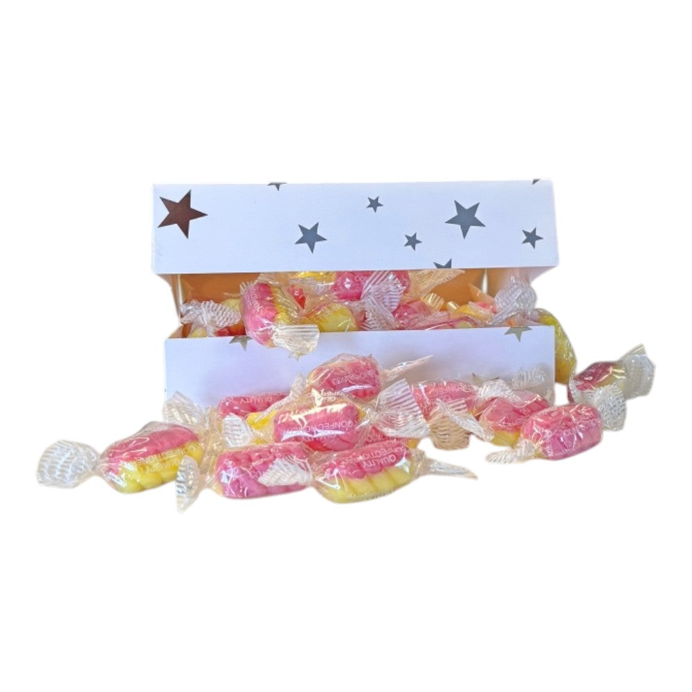 300g Square Star Patterned Box of Rhubarb & Custard Twists