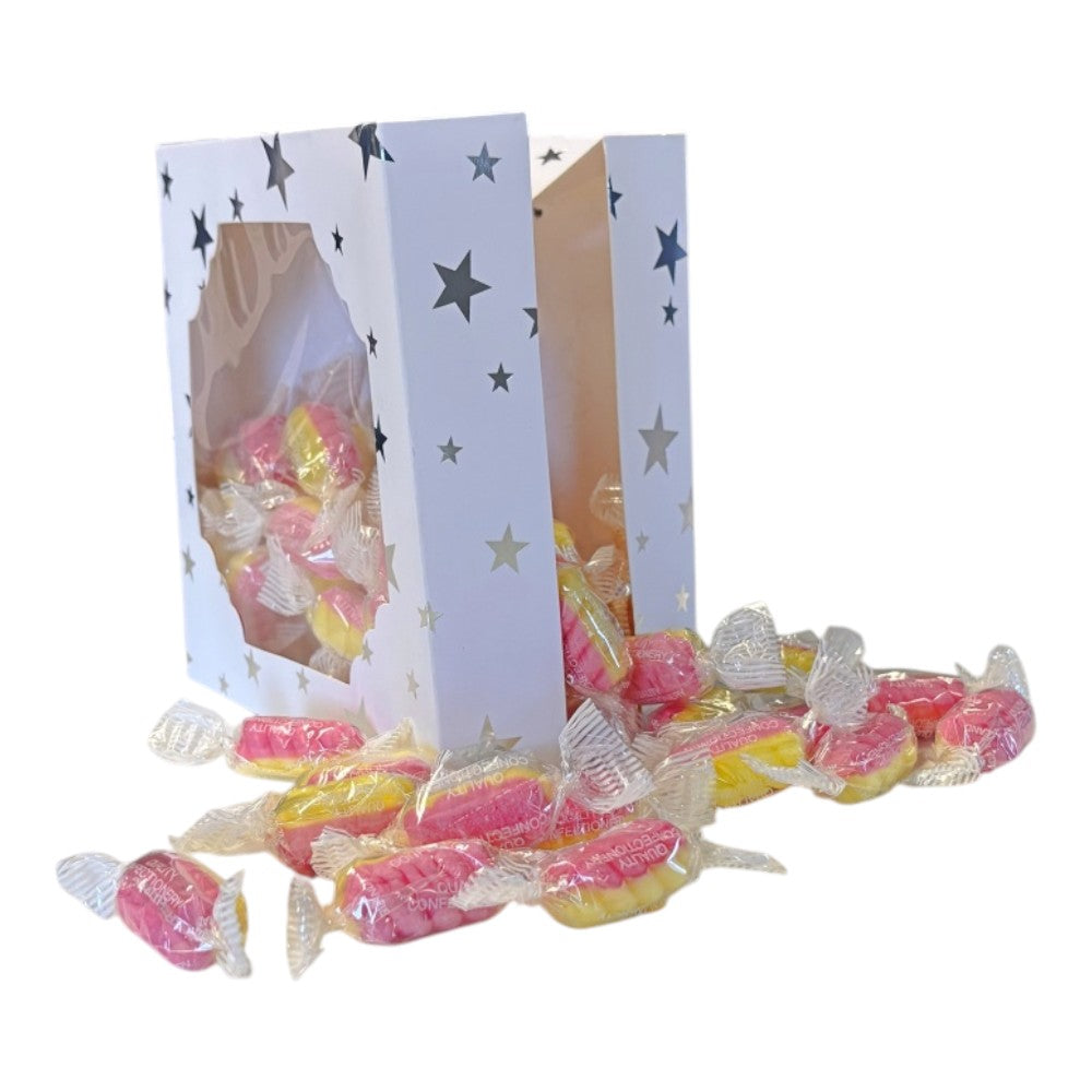 300g Square Star Patterned Box of Rhubarb & Custard Twists