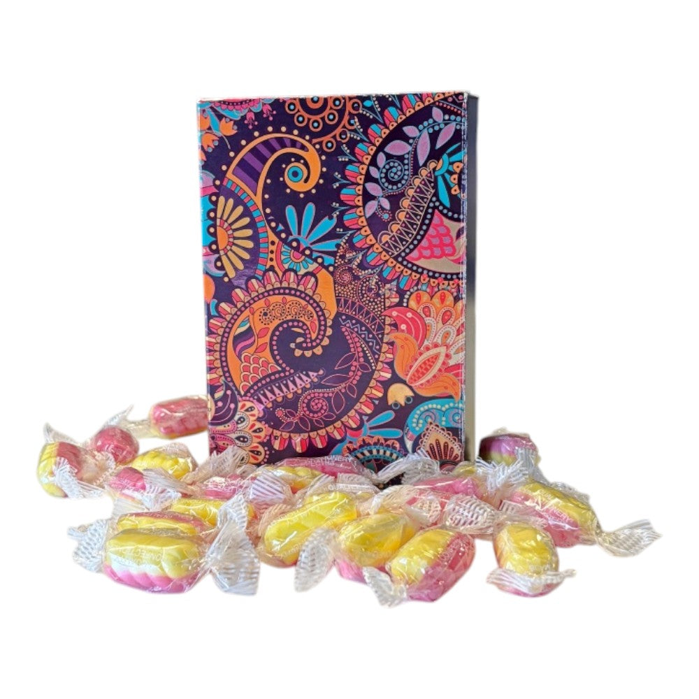 250g Rectangular Patterned Box of Rhubarb & Custard Twists