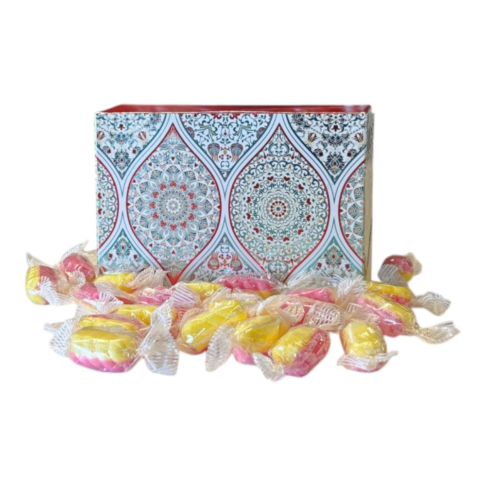 250g Rectangular Patterned Box of Rhubarb & Custard Twists