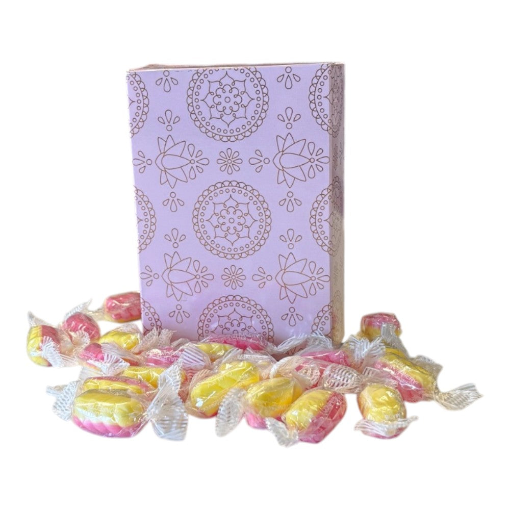 250g Rectangular Patterned Box of Rhubarb & Custard Twists