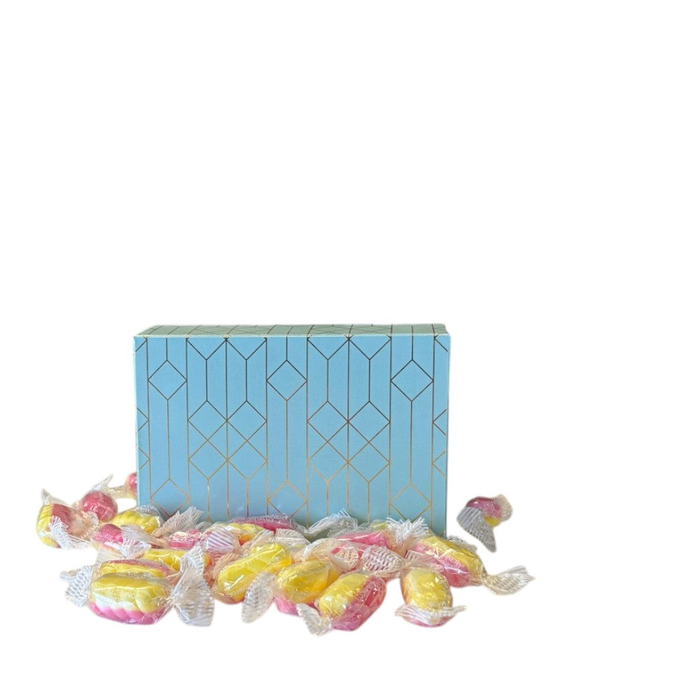 250g Rectangular Patterned Box of Rhubarb & Custard Twists