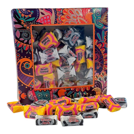 300g Square Window Paisley Pattern Box of Black Jacks and Fruit Salads