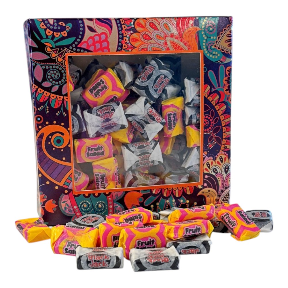 300g Square Window Pattern Box of Black Jacks and Fruit Salads