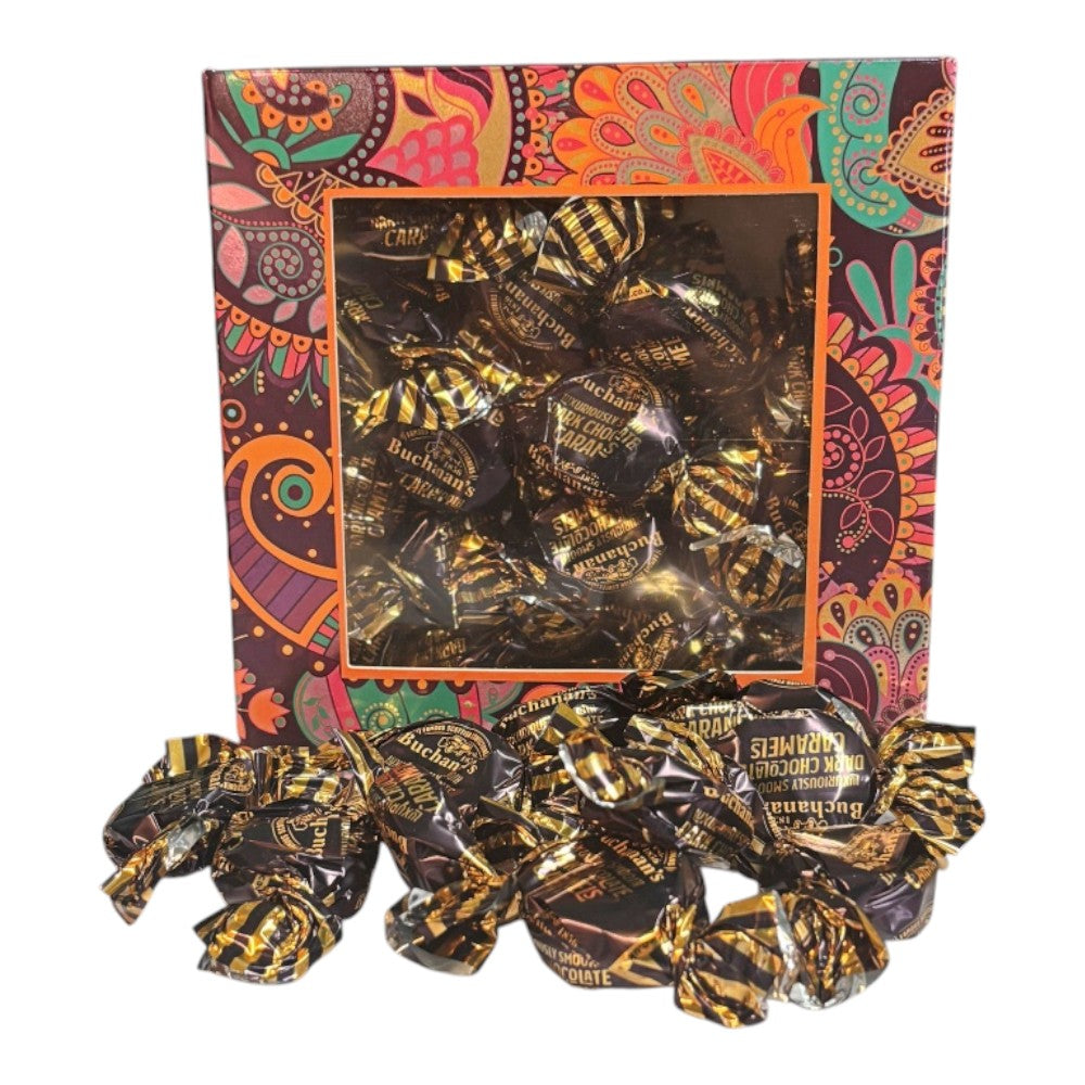 300g Square Window Paisley Pattern Box of Buchanans Chocolate Caramel Toffees