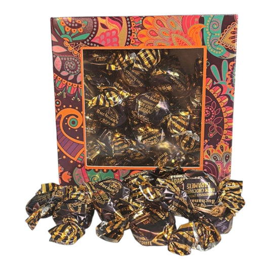300g Square Window Paisley Pattern Box of Buchanans Chocolate Caramel Toffees