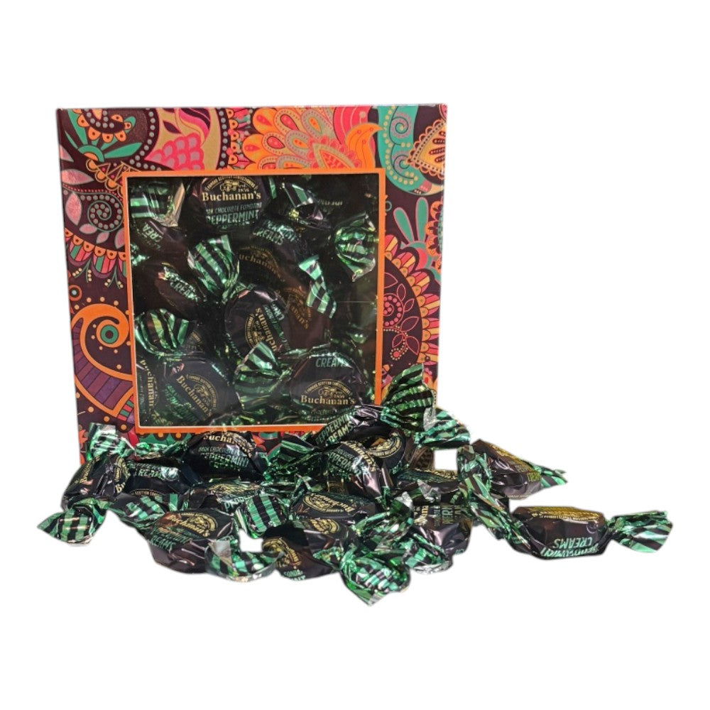 300g Square Window Paisley Pattern Box of Buchanans Chocolate Peppermint Creams