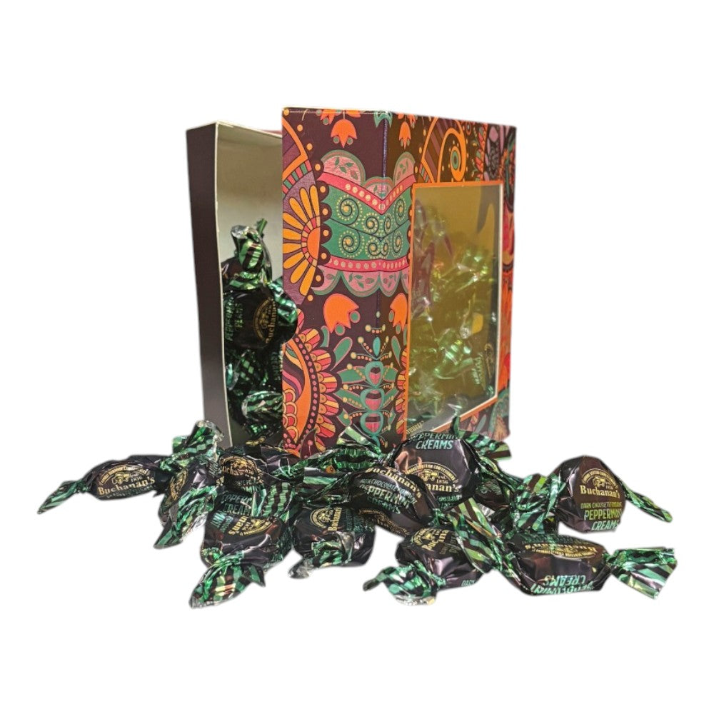 300g Square Window Paisley Pattern Box of Buchanans Chocolate Peppermint Creams