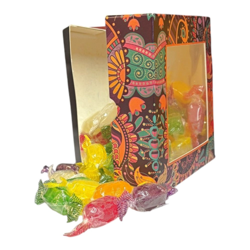 300g Square Window Paisley Pattern Box of Hard Boiled Fruit Drop Sweet