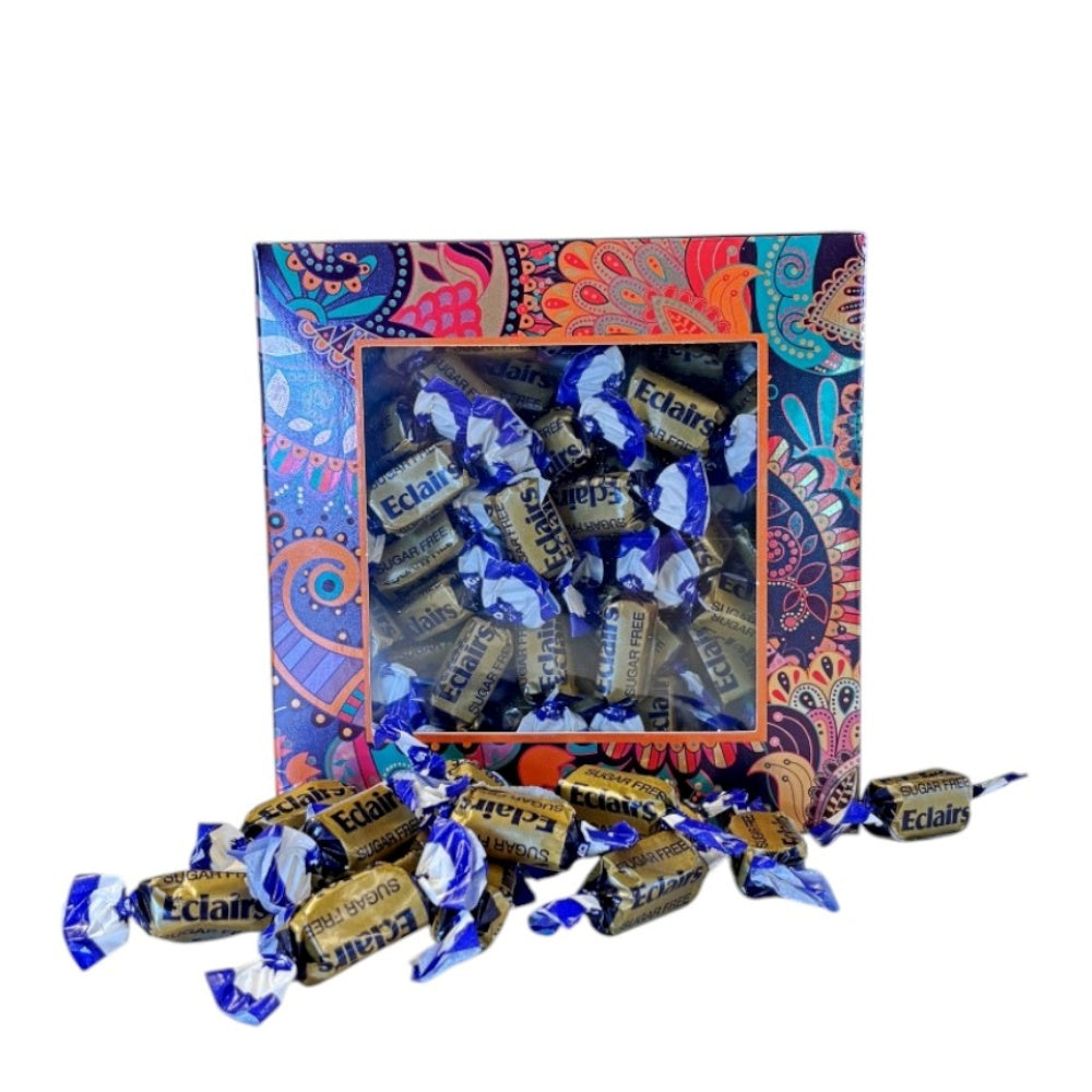 300g Square Window Paisley Pattern Box of Sugar Free Chocolate Eclairs