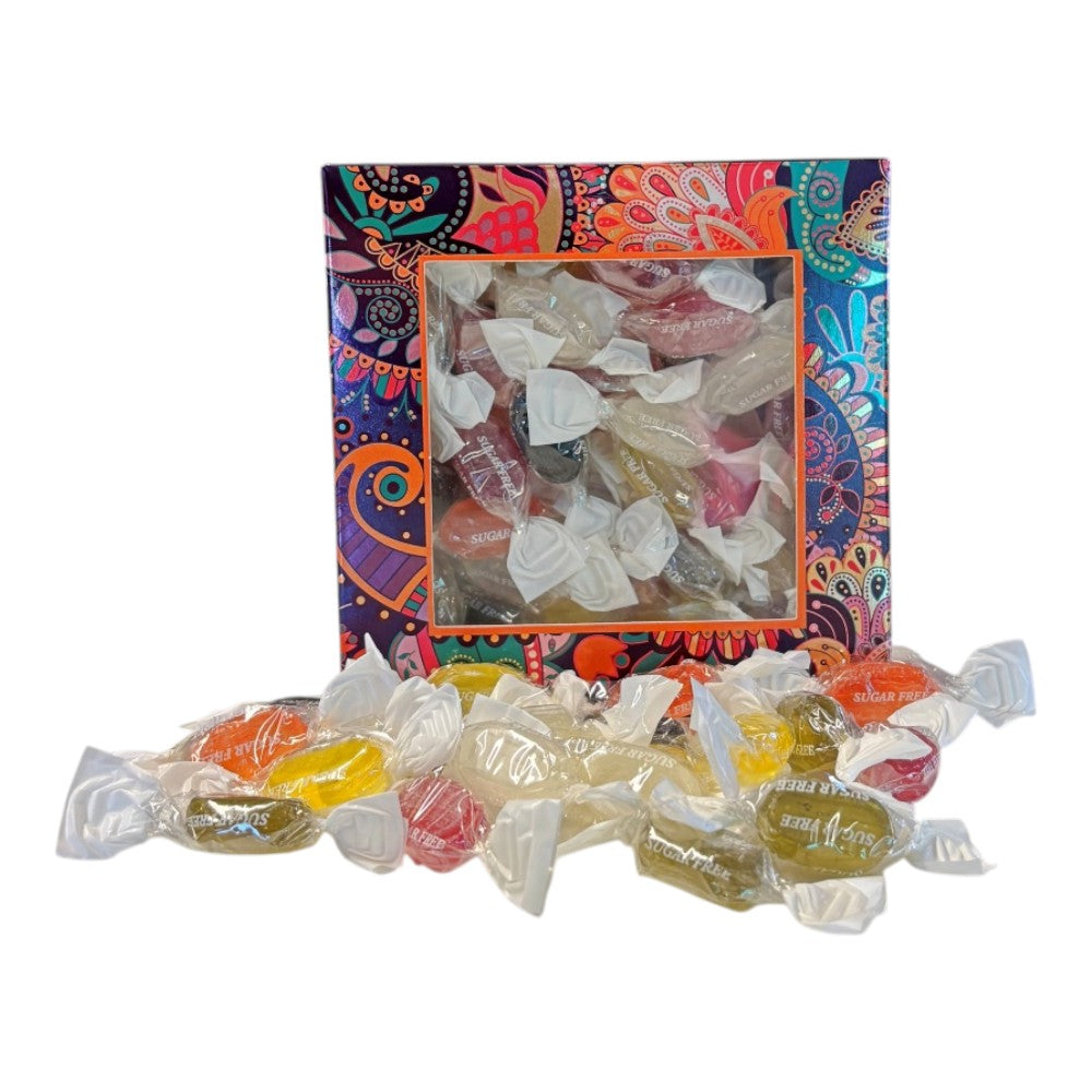 300g Square Window Paisley Pattern Box of Sugar Free Fruit Drops