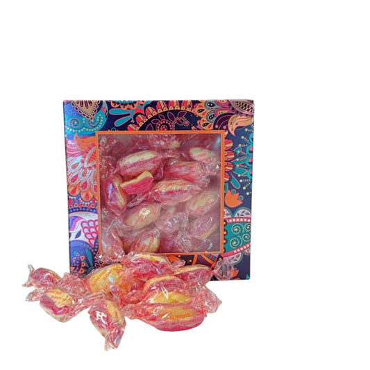 300g Square Window Paisley Pattern Box of Sugar Free Rhubarb and Custard