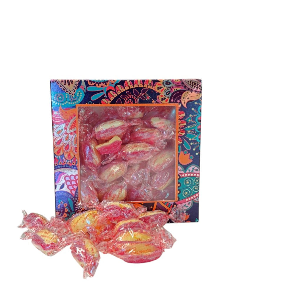 300g Square Window Pattern Box of Sugar Free Rhubarb and Custard