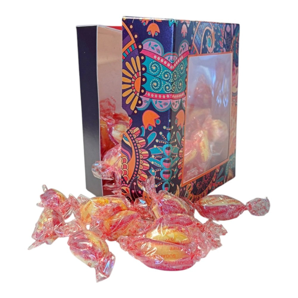 300g Square Window Paisley Pattern Box of Sugar Free Rhubarb and Custard