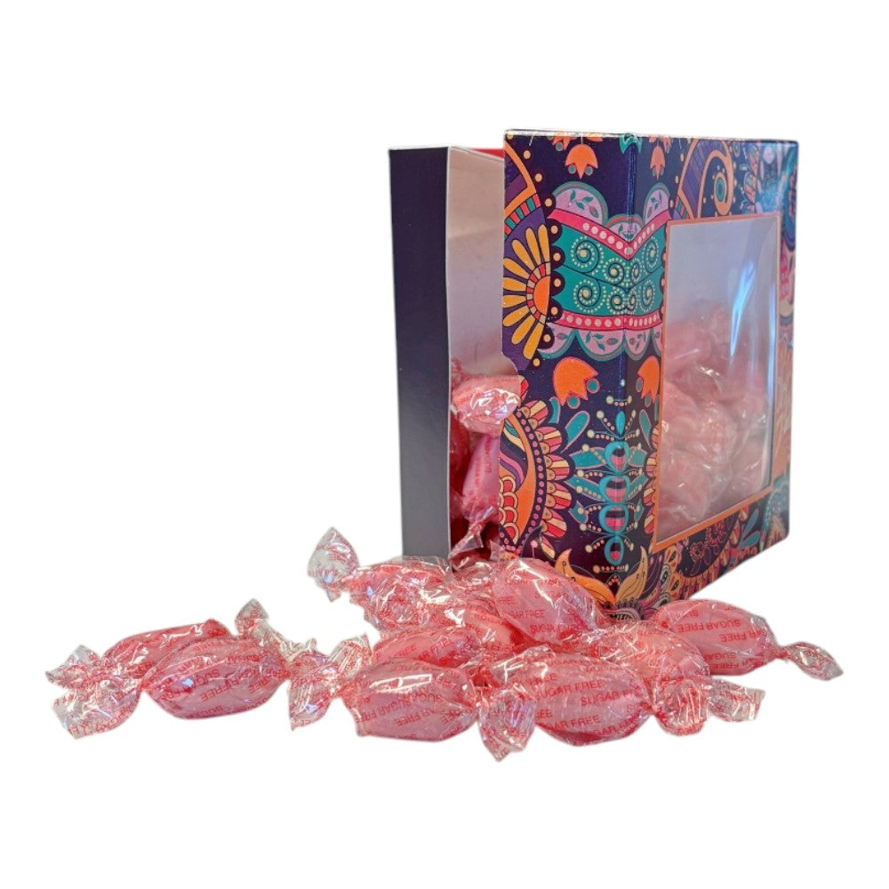 300g Square Window Paisley Pattern Box of Sugar Free Strawberry Sherbets Sweets