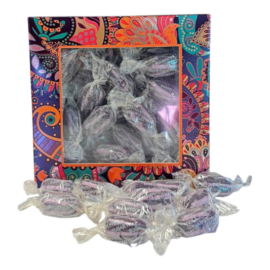 300g Square Window Paisley Pattern Box of Sugar Free Blackcurrant and Liquorice