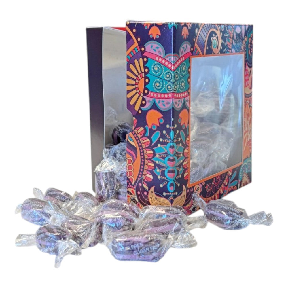 300g Square Window Paisley Pattern Box of Sugar Free Blackcurrant and Liquorice