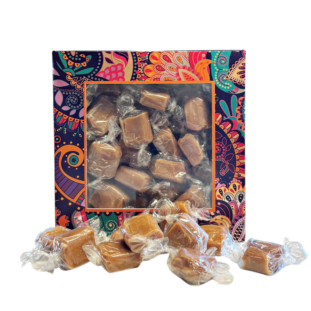 300g Square Window Paisley Pattern Box of Bristows Salted Caramel Fudge