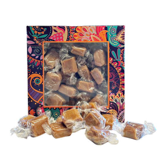 300g Square Window Paisley Pattern Box of Bristows Salted Caramel Fudge