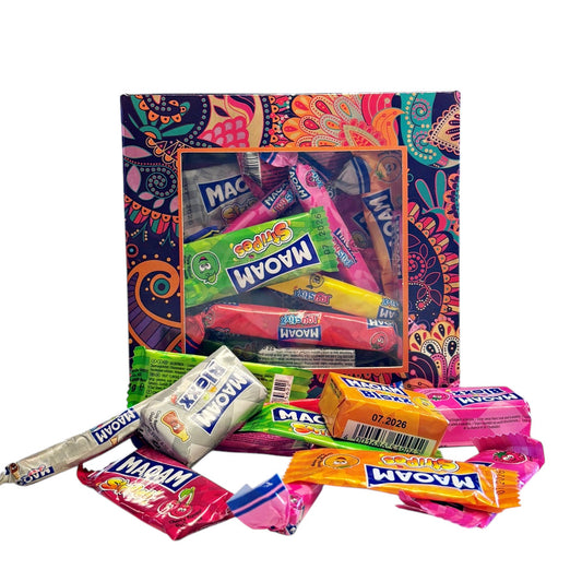 300g Square Window Paisley Pattern Box of Maoam Joystix, Bloxs, Strips Fruit Chews Sweets