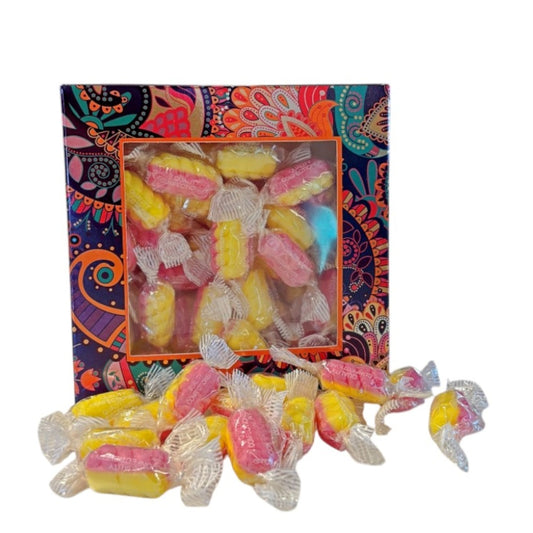 300g Square Window Paisley Pattern Box of Rhubarb & Custard Twists